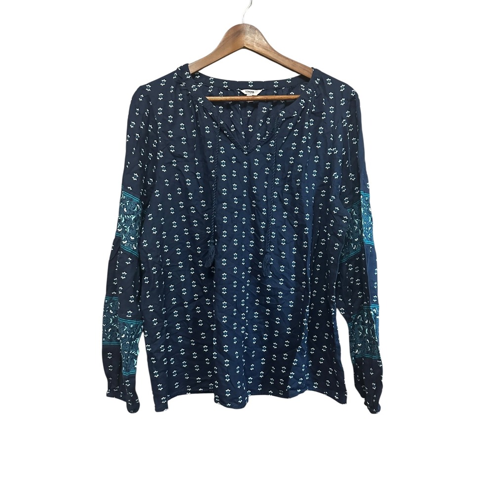 Sonoma Goods For Life‎ XL Blue White Floral Print Long Sleeve Tassel Blouse